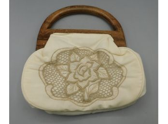 Vintage Wood Handle Floral Pattern Hand Bag