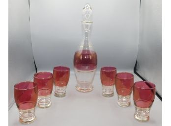 Etched Glass Decanter With Etched Drinking Glasses  - 7 Total
