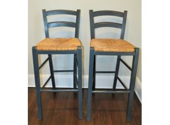 Rattan Bar Stools In Green Painted Wood - Set Of 2