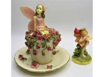 Dezine The Fairy Collection 'the Teacup Fairy' & Ceramic World Fairy Figurine - Set Of 2