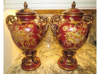 An American Country Estate Winterthur Hand-painted Ceramic & Metal Urn - Set Of 2