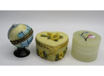Trinket Boxes - Heart, Round, Globe - Assorted Set Of 3