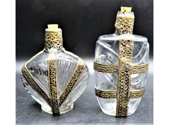 Vintage Glass Perfume Bottles With Metal Accents And Cork Stopper - Assorted Set Of 2