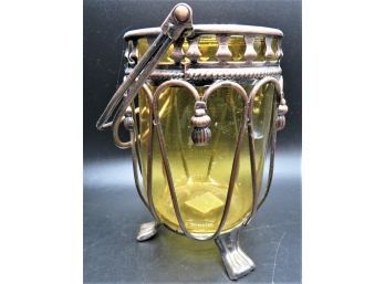 Amber Tinted Glass Jar In Footed Metal Handled Holder