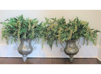 Silver-tone Metal Wall Sconce Planters With Artificial Flowers - Set Of 2
