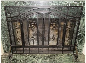 Fireplace Screen With Lead Glass Accents Front  2-doors Open Scroll Leg Design