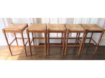 Wood Stools With Rattan Seats - Set Of 5
