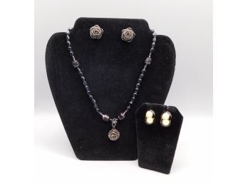 Black Rose Pendant Necklace With Matching Earrings & Ann Taylor Gold Tone Stud Earrings