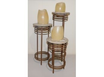Metal Wire & Stone Candle Holders With Candles - Set Of Three