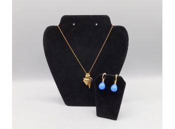Gold Tone Pendant Charm Necklace With Blue & Gold Tone Dangle Earrings