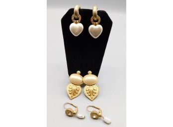 Agatha Gold Tone Faux Pearl Heart Dangle Earrings With Two Pairs Of Matching Gold Tone Faux Pearl Earrings