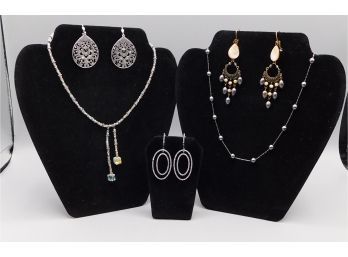 Faux Pearl Necklace With Matching Earrings & Beaded Necklace With Two Pairs Of Silver Tone Earrings