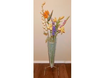 Metal Framed Standing Glass Decorative Vase With Faux Flowers