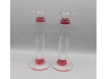 Vintage Cranberry Accent Cut Glass Candlestick Holders 9'H Each