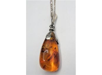Sterling Silver Necklace With Amber Pendant