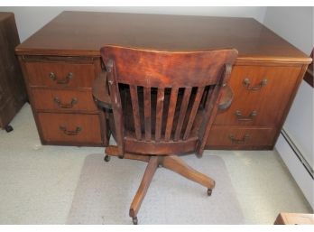 Vintage Oak Desk With 6-drawers & Industrial Oak Swivel  Desk Chair With Wheels