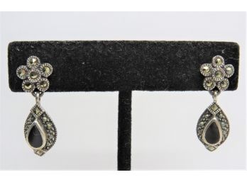 Sterling Silver Onyx Marcasite Earrings