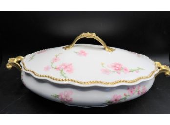 Limoges A. Lanternier & Co. Oval Pink Floral Serving Bowl With Lid