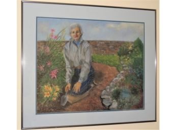 Doris Redlien, Woman Gardening ,Framed Pastel Original Art