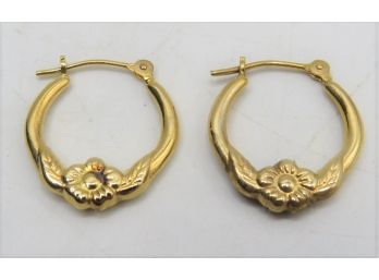 14K Yellow Gold Floral Hoop Earrings, .7 Grams