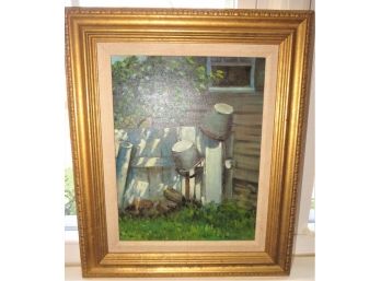 Doris Redlien White Fence With Buckets Framed Painting