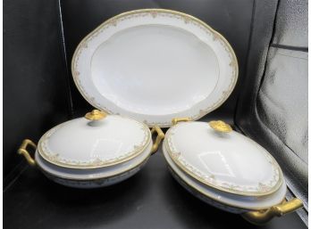Limoges A. Lanternier & Co. Porcelain Serving Bowls With Lids And Serving Platter - Set Of 3