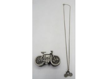 Metal Bicycle Trinket Box/pin With Necklace & Earrings