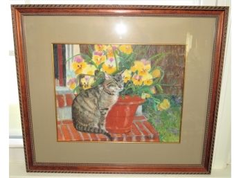 Doris Redlien Pastel Of Cat On Steps Framed Art