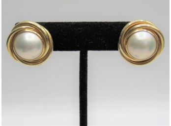 14K Yellow Gold Earrings With Pearl Center, 10.6 Grams