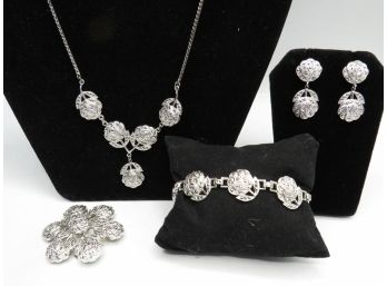 Sterling Silver & Marcasite Rose-shaped Necklace, Bracelet, Earrings & Pin