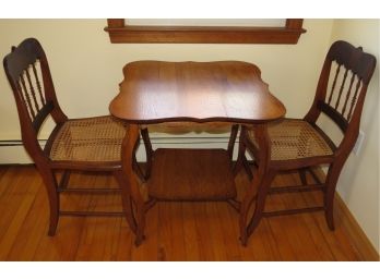 Vintage Wood Table With 2 Cane Seat Chairs