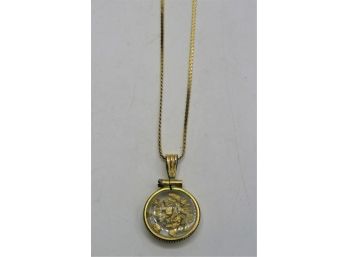 14K Yellow Gold Necklace With Pendant Filled With Gold Flakes, 3.0 Grams