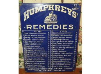 'Humphreys' Remedies' Ande Rooney Porcelain Enamel Sign Apothecary  Advertising