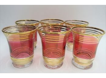 Mid-Century Modern Chez Cranberry Flashed Gilt  Shot Glasses,- Set Of 6
