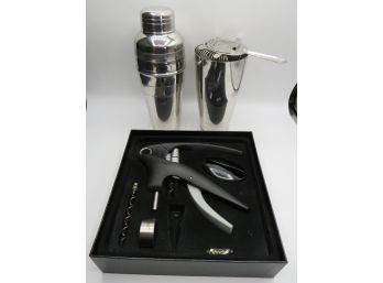 Grey Goose Stainless Shaker, Stainless Cup With Strainer & Screwpull Wine Opener In Original Box