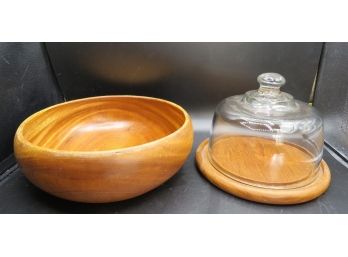 Wood Salad/serving Bowl & Dolphin Genuine Teakwood Glass Domed Plate