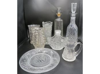 Cut Glass Plate, Decanters, Vases - Assorted Set Of 8