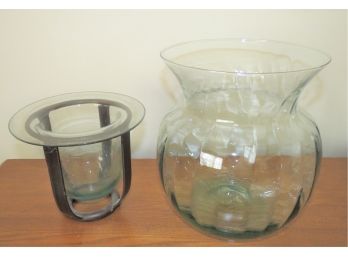 Metal/glass Candle Holder & Tinted Glass Vase - Set Of 2