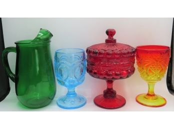Colored Glasses, Footed Dish & Pitcher - Assorted Set Of 4