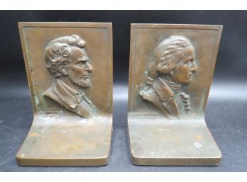 Griffoul Solid Bronze Abraham Lincoln & George Washington Book Ends - Pair Of 2