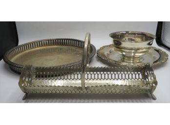 Silver Plated Round Tray, Oneida Appetizer Tray & Rectangular Basket  - Set Of 3
