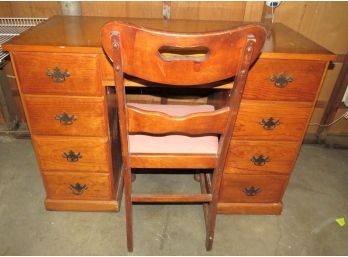Wood Desk, 9-drawers & Wood Chair