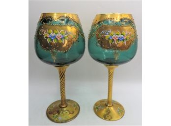 Vintage Italian Murano Trefuochi Style Venetian Gold Gilt Floral Design Glasses Set Of 2