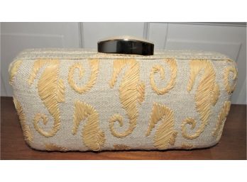 Shinwon Corp. Natural Linen, Brass Clutch With Seahorse Motif