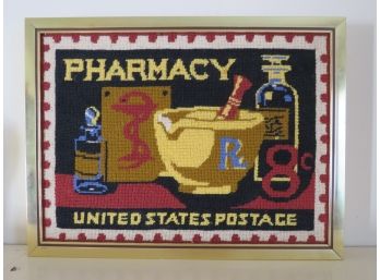 Needlepoint Of Pharmacy U.S. Postage 8 Cent Stamp, Framed