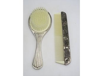 International Silver Plated Vanity Brush & Comb With Rose Motif - Set Of 2