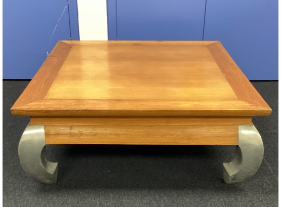 Asian Style Wood Square Coffee Table With Metal Legs