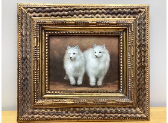 Portrait Two Pomeranian Dogs Framed Painting Signed  H. King