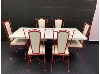 White Vinyl & Red Metal Dining Table, Chairs & Two Leaves