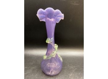 Murano Style Lavender & Green Leaf Art Glass Bud Vase